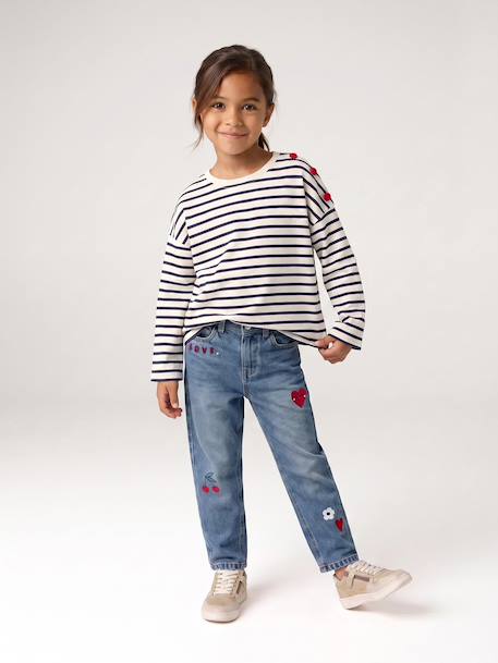 Meisjesshirt met strepen en lange mouwen marineblauw+snoepjesroze+zachtpaars - vertbaudet enfant 