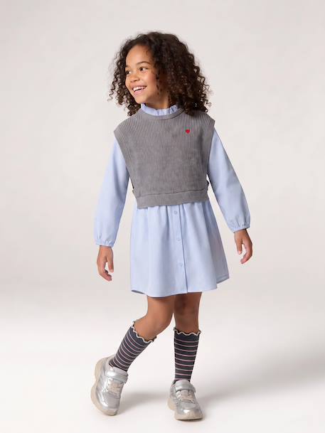 Hemdjurk met 2-in-1 effect voor meisjes ecru+gemêleerd grijs+marineblauw - vertbaudet enfant 