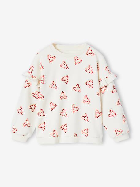 Kersttrui met glitterhartjes en mouwen met ruches voor meisjes ecru+roze (poederkleur) - vertbaudet enfant 
