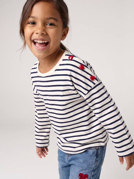 Meisjesshirt met strepen en lange mouwen marineblauw+snoepjesroze+zachtpaars - vertbaudet enfant 