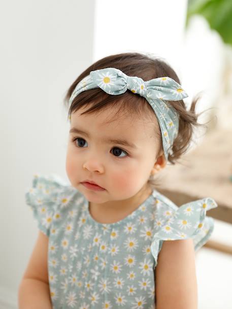 Bedrukt setje pakje + hoofdband baby meisje lichtroze+roze (poederkleur)+zeegroen met print - vertbaudet enfant 