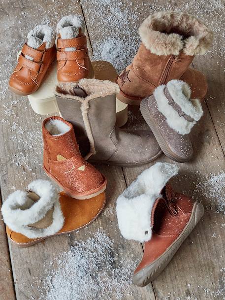 Boots cuir fourrés bébé fille Taupe - vertbaudet enfant 