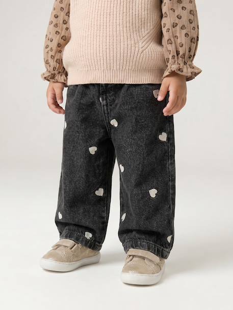 Jean large bébé fille petits coeurs brodés denim gris+stone - vertbaudet enfant 