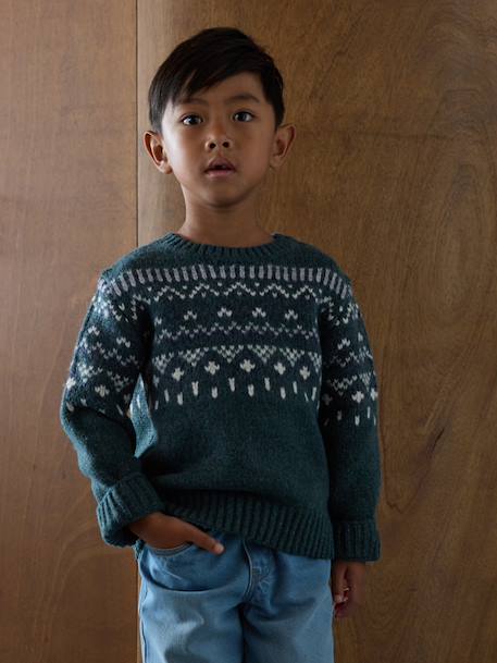 Pull jacquard col rond vert - vertbaudet enfant 
