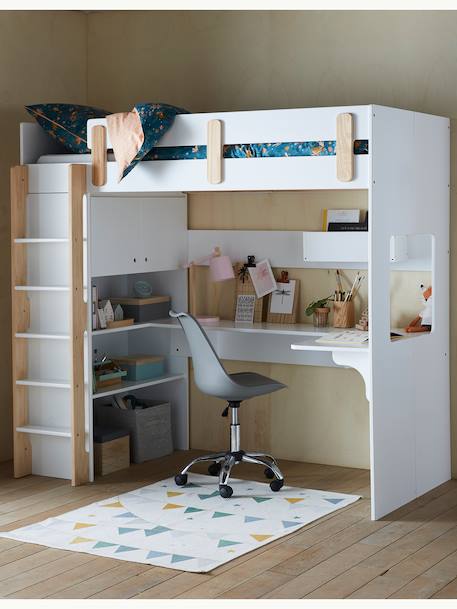 Lit mezzanine avec bureau et rangement LIGNE EVEREST BLANC/BOIS+Kaki - vertbaudet enfant 