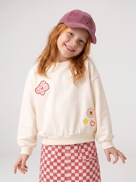 Sweatshirt met badges meisje ecru - vertbaudet enfant 