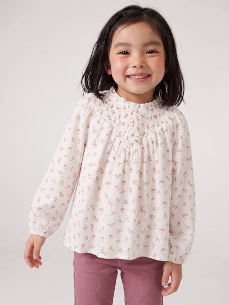 Blouse fille manches smockées ivoire+vanille+vert sauge - vertbaudet enfant 