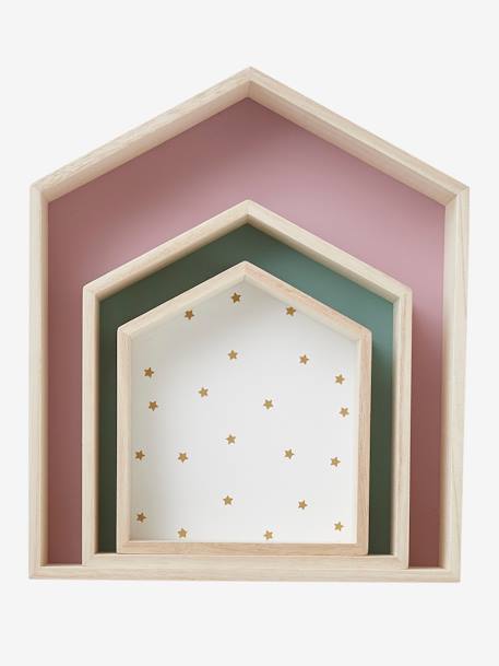 Set van 3 houten huisplanken Blauw+blauwgroen+EFFEN ROZE+HOUT/VEELKLEURIG - vertbaudet enfant 