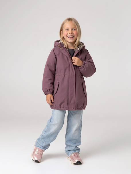 Meisjesparka met capuchon gevoerd met imitatiebont donkergroen+kameel+marineblauw+pruim+rozenhout+zwart - vertbaudet enfant 