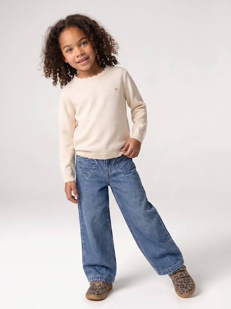 Pull fille personnalisable beige chiné+framboise+marine+vert de gris - vertbaudet enfant 