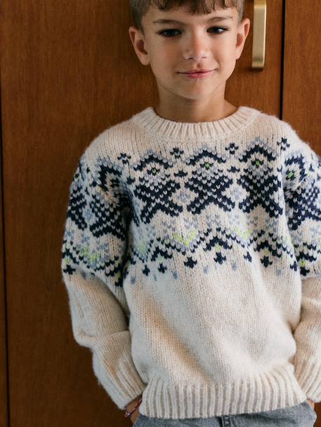 Pull jacquard garçon col rond blanc - vertbaudet enfant 