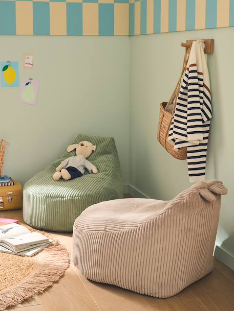 Kinderpoef van ribfluweel beige+groen+rozen - vertbaudet enfant 