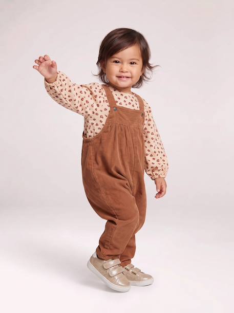 Ensemble blouse et salopette velours bébé fille bleu céleste+noisette - vertbaudet enfant 