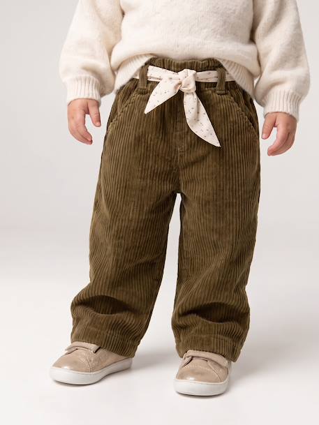 Pantalon large en velours ceinture à fleurs bébé olive+vieux rose - vertbaudet enfant 