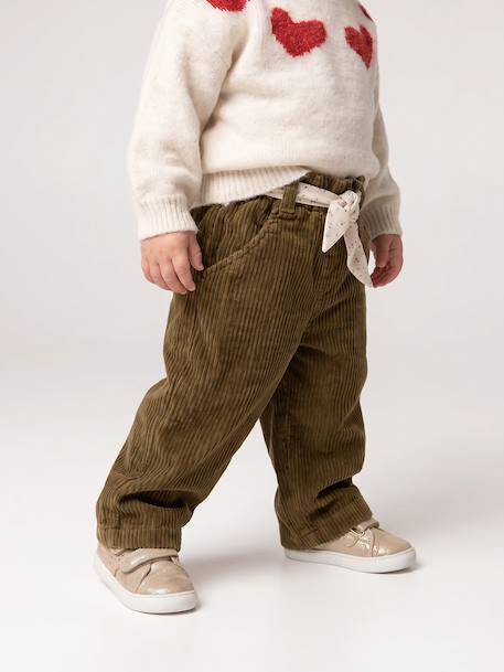 Pantalon large en velours ceinture à fleurs bébé olive+vieux rose - vertbaudet enfant 