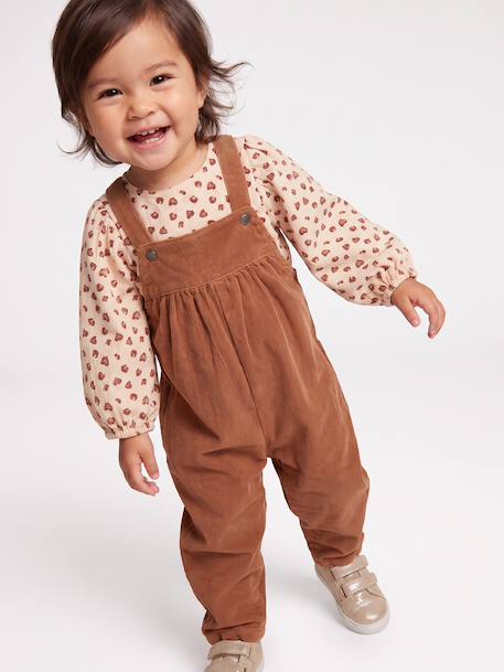 Ensemble blouse et salopette velours bébé fille bleu céleste+noisette - vertbaudet enfant 