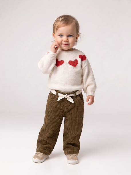 Pantalon large en velours ceinture à fleurs bébé olive+vieux rose - vertbaudet enfant 