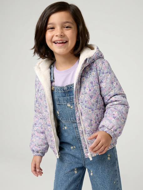 Omkeerbare windjack met capuchon voor meisjes, luipaard/sherpa beige+vanille - vertbaudet enfant 