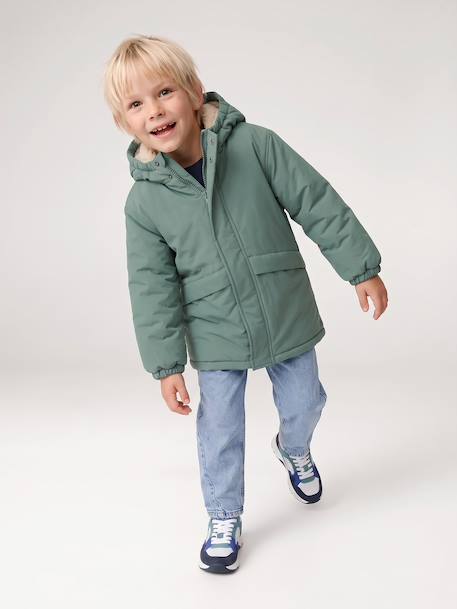 Parka garçon à capuche doublure sherpa kaki+noir+taupe+vert sauge - vertbaudet enfant 