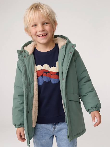 Parka garçon à capuche doublure sherpa kaki+noir+taupe+vert sauge - vertbaudet enfant 