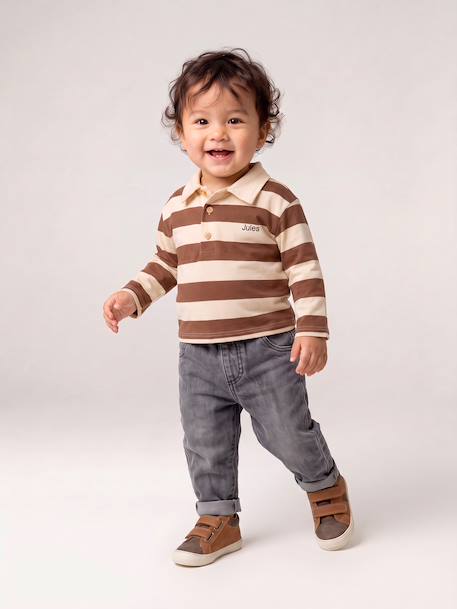 Gestreept polo t-shirt voor baby's met lange mouwen cacao+grijsblauw - vertbaudet enfant 