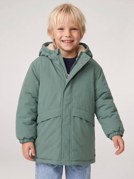Parka garçon à capuche doublure sherpa kaki+noir+taupe+vert sauge - vertbaudet enfant 