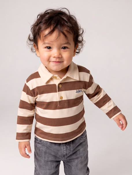 Gestreept polo t-shirt voor baby's met lange mouwen cacao+grijsblauw - vertbaudet enfant 