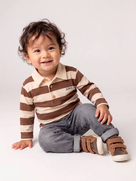 T-shirt polo bébé rayé manches longues bleu grisé+cacao - vertbaudet enfant 