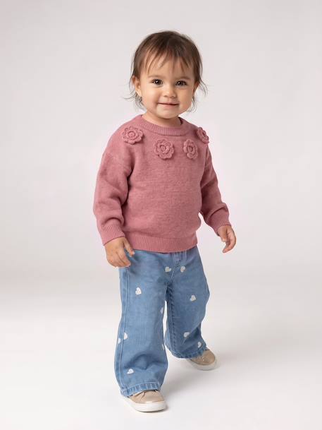Jean large bébé fille petits coeurs brodés denim gris+stone - vertbaudet enfant 