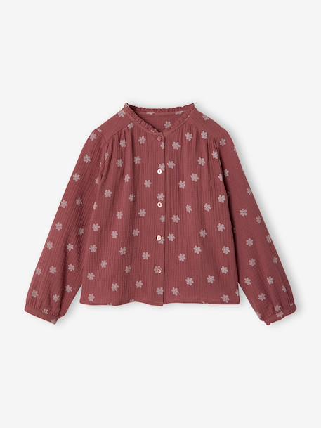 Personaliseerbare meisjesblouse van katoenen gaas chambrayblauw+ecru+wit, bedrukt+zachtpaars - vertbaudet enfant 