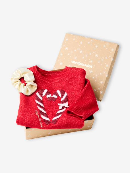 Coffret Noël fille pull jacquard et accessoire écru+rose pâle+rouge - vertbaudet enfant 