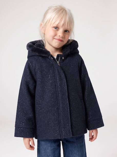 Manteau fille à capuche drap de laine beige chiné+marine - vertbaudet enfant 