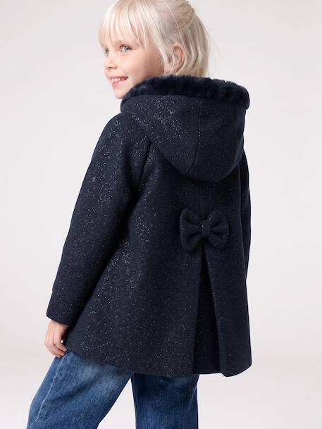 Mantel met capuchon van wollen stof voor meisjes gemêleerd beige+marineblauw - vertbaudet enfant 