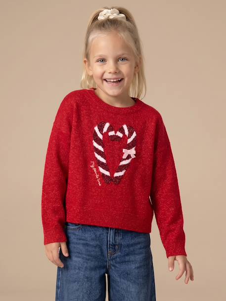 Kerstcadeauverpakking 'Renne' jacquard trui + 2 scrunchies voor meisjes ecru+lichtroze+rood - vertbaudet enfant 