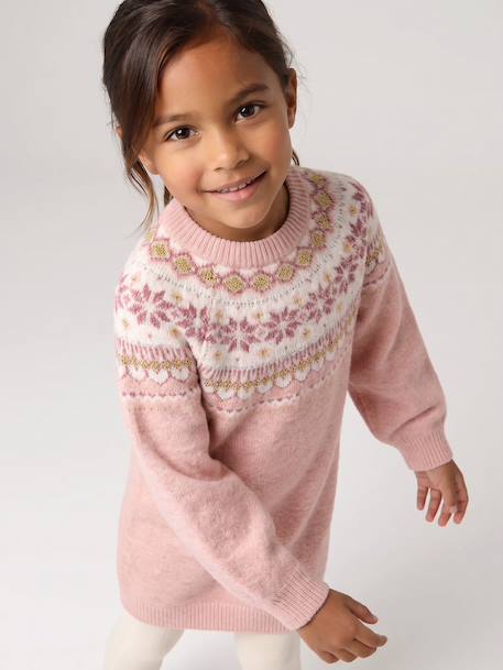 Jacquard jurk met lange mouwen kameel+roze (poederkleur)+saliegroen - vertbaudet enfant 