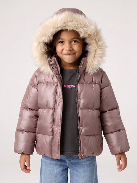 Donsjack met capuchon voor meisjes met fleece voering goud+roze (poederkleur)+zachtpaars - vertbaudet enfant 