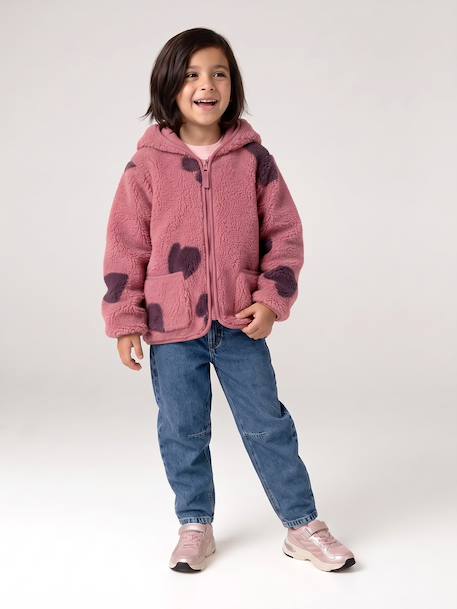 Sherpa vest met capuchon en bloemenprint voor meisjes ecru+vanille+zachtpaars - vertbaudet enfant 