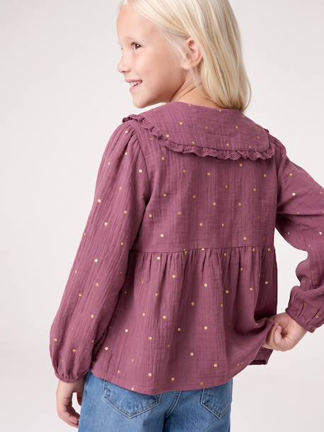 Chemise fille gaze de coton col brodé écru+prune+vert émeraude - vertbaudet enfant 