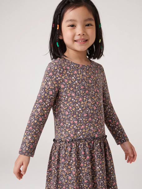Meisjesjurk met print antraciet+beige (poederkleur)+rozen - vertbaudet enfant 