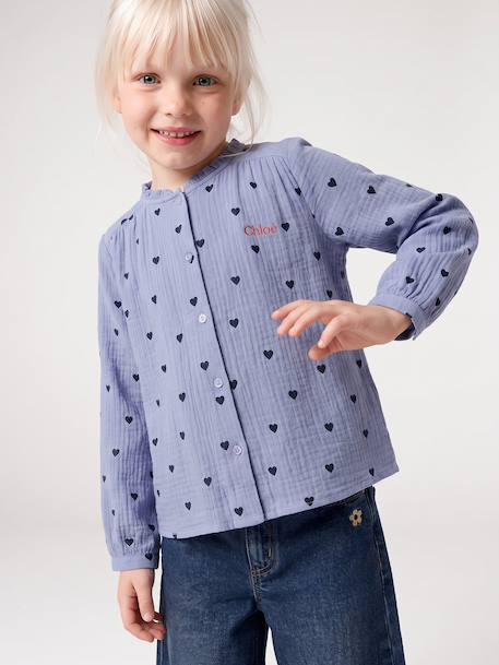 Personaliseerbare meisjesblouse van katoenen gaas chambrayblauw+ecru+goud+wit, bedrukt+zachtpaars - vertbaudet enfant 