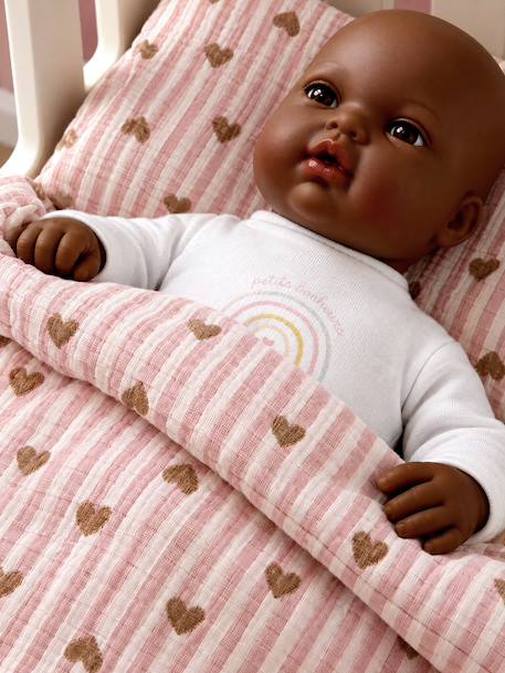 Deken + kussensloop pop van katoengaas geel+karamel+roze+roze, bedrukt+rozen - vertbaudet enfant 