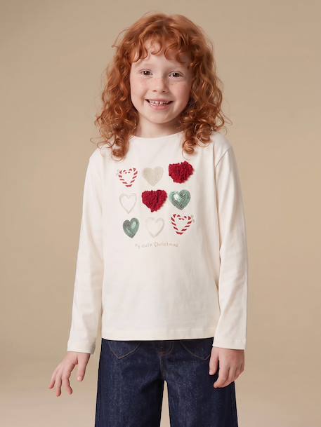 T-shirt voor meisjes met hartjesprint en lange mouwen ecru+groen+rouge+wit - vertbaudet enfant 