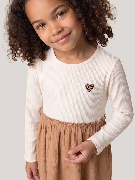 2-in-1 jurk met lange mouwen meisjes kameel - vertbaudet enfant 
