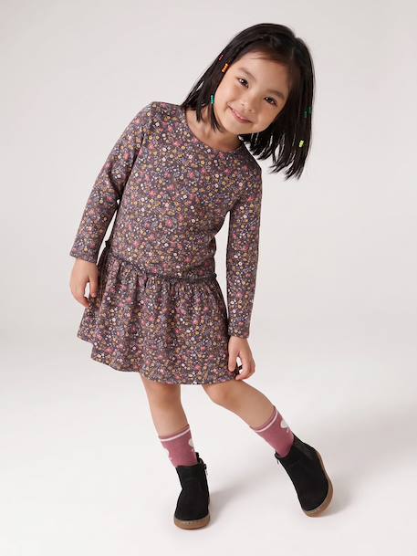 Meisjesjurk met print antraciet+beige (poederkleur)+rozen - vertbaudet enfant 