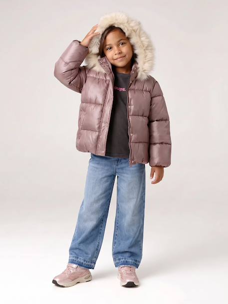 Donsjack met capuchon voor meisjes met fleece voering goud+roze (poederkleur)+zachtpaars - vertbaudet enfant 