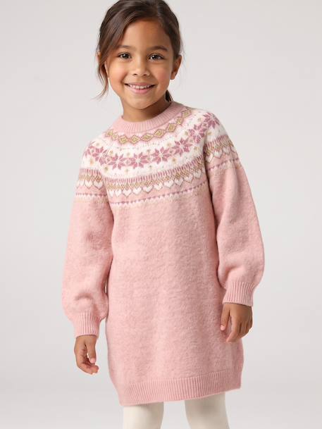 Jacquard jurk met lange mouwen kameel+roze (poederkleur)+saliegroen - vertbaudet enfant 