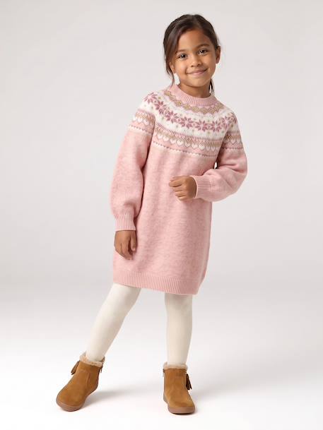 Jacquard jurk met lange mouwen kameel+roze (poederkleur)+saliegroen - vertbaudet enfant 