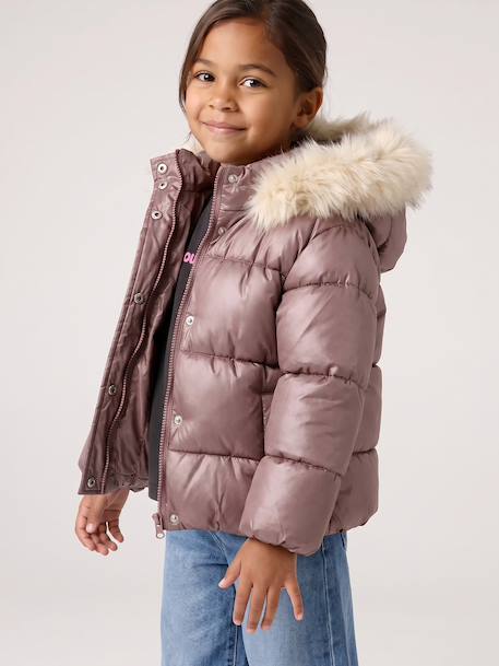 Donsjack met capuchon voor meisjes met fleece voering goud+roze (poederkleur)+zachtpaars - vertbaudet enfant 