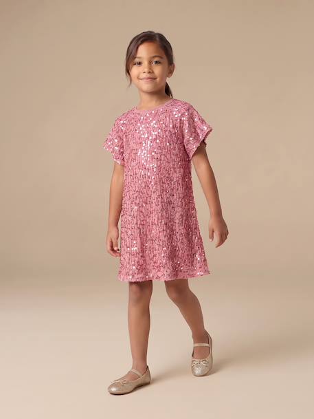 Meisjesjurk in fluweel / velours en pailletten rood+rozen+zilver - vertbaudet enfant 