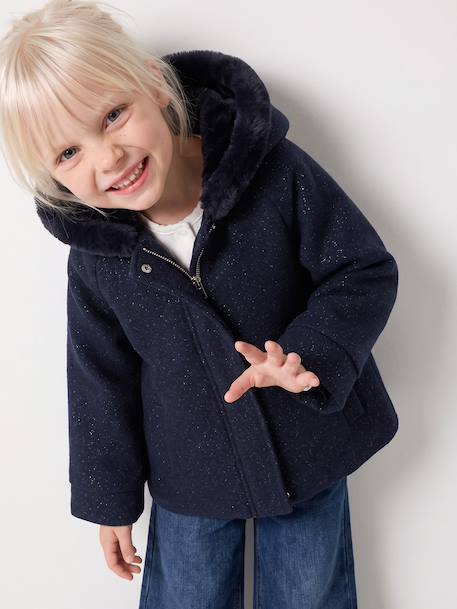 Manteau fille à capuche drap de laine beige chiné+marine - vertbaudet enfant 